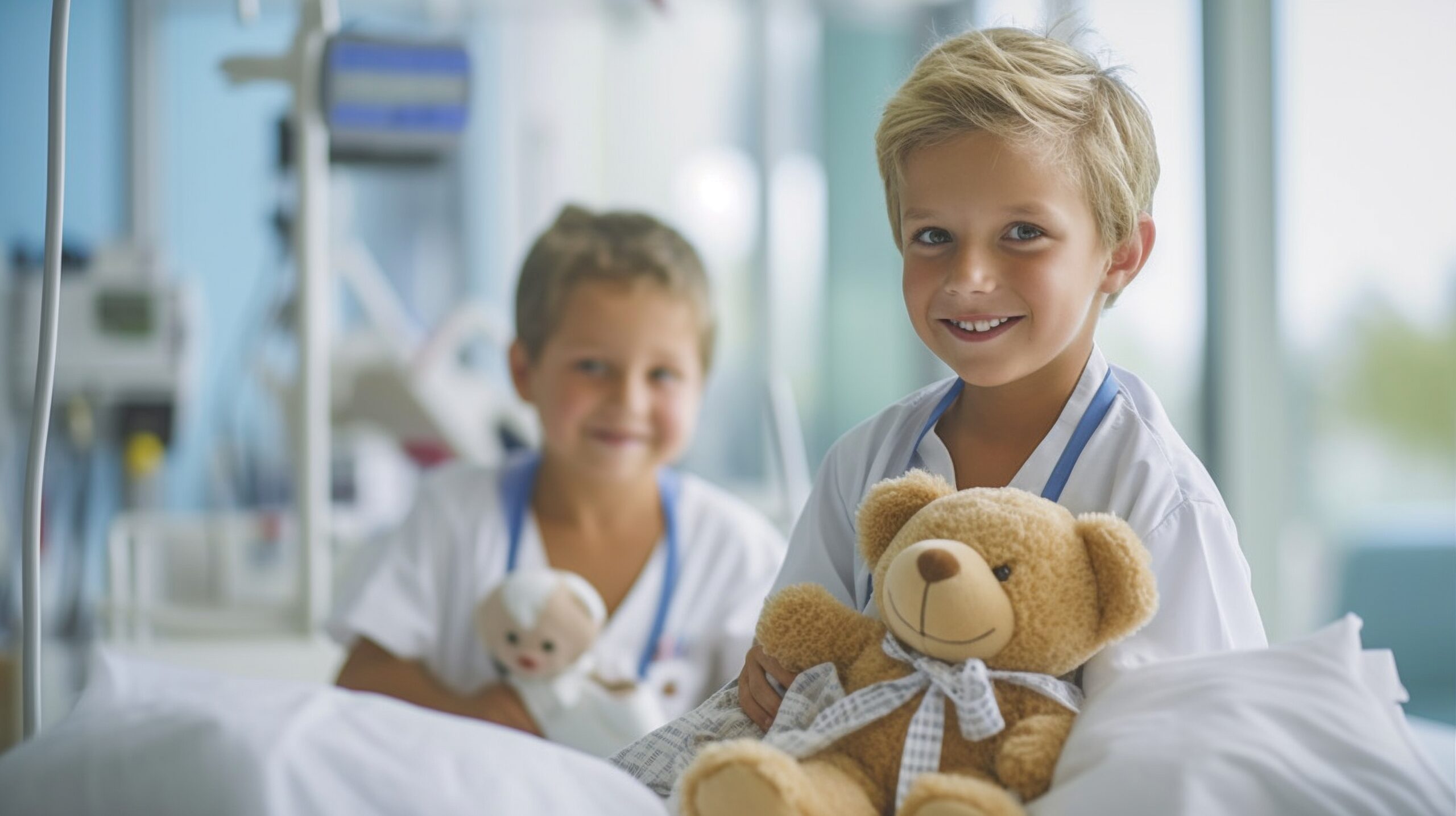 Generative AI portrait of a happy little child holding a teddy bear